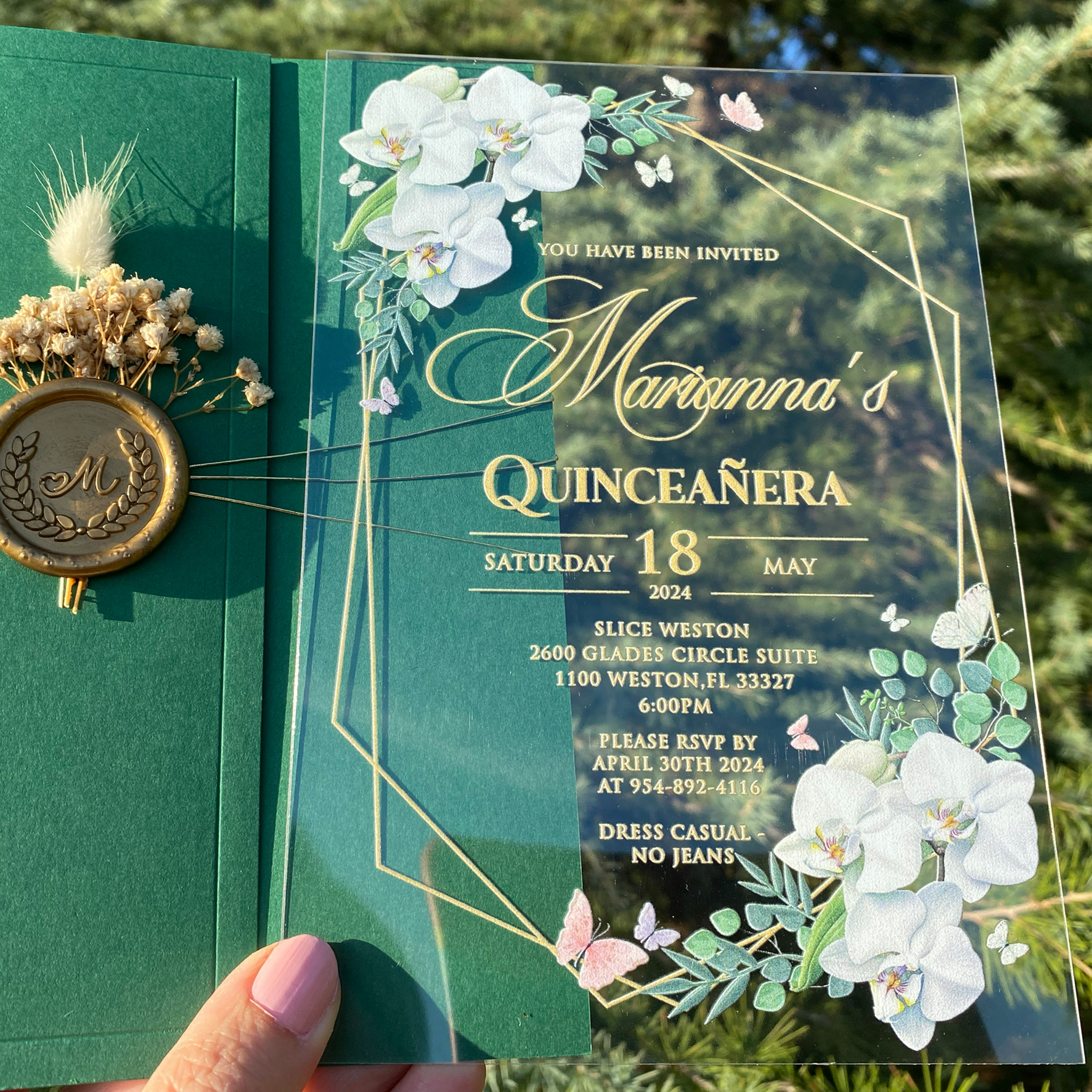 Acrylic Quinceañera invitation with orchid flowers, UV printed, Emerald green half envelope, Gold wax seal and dried flowers